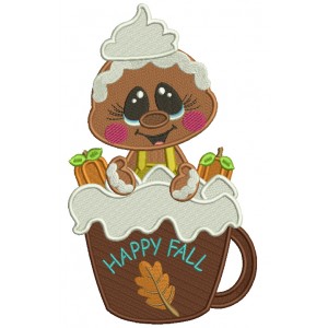 Gingerbread Man Holding Happy Fall Coffee Cup Filled Thanksgiving Machine Embroidery Design Digitized Pattern